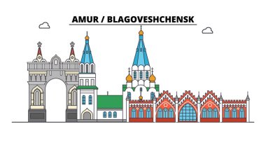 Rusya, Amur, Blagoveshchensk. Şehir manzarası: mimari, binalar, caddeler, siluet, peyzaj, panorama. Düz çizgi, illüstrasyon vektör. Rusya, Amur, Blagoveshchensk anahat tasarım.