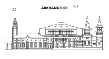 Rusya, Arkhangelsk. Şehir manzarası: mimari, binalar, sokaklar, siluet, peyzaj, panorama, yerler. Düzenlenebilir vuruş. Düz tasarım, çizgi vektör illüstrasyon kavramı. İzole simgeler