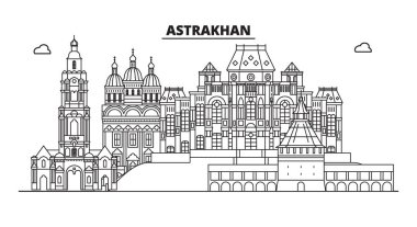 Rusya, Astrakhan. Şehir manzarası: mimari, binalar, sokaklar, siluet, peyzaj, panorama, yerler. Düzenlenebilir vuruş. Düz tasarım, çizgi vektör illüstrasyon kavramı. İzole simgeler