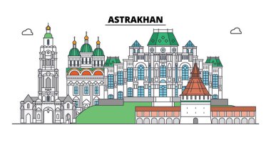 Rusya, Astrakhan. Şehir manzarası: mimari, binalar, caddeler, siluet, peyzaj, panorama. Düz çizgi, illüstrasyon vektör. Rusya, Astrahan anahat tasarım.