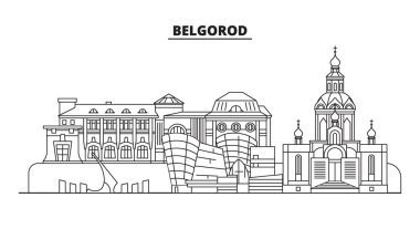 Rusya, Belgorod. Şehir manzarası: mimari, binalar, sokaklar, siluet, peyzaj, panorama, yerler. Düzenlenebilir vuruş. Düz tasarım, çizgi vektör illüstrasyon kavramı. İzole simgeler