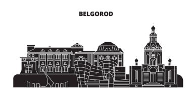 Rusya, Belgorod. Şehir manzarası: mimari, binalar, caddeler, siluet, peyzaj, panorama. Düz çizgi, illüstrasyon vektör. Rusya, Belgorod anahat tasarım.