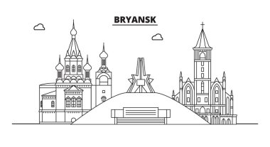 Rusya, Bryansk. Şehir manzarası: mimari, binalar, sokaklar, siluet, peyzaj, panorama, yerler. Düzenlenebilir vuruş. Düz tasarım, çizgi vektör illüstrasyon kavramı. İzole simgeler