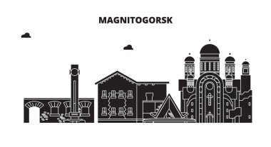 Rusya, Magnitogorsk. Şehir manzarası: mimari, binalar, caddeler, siluet, peyzaj, panorama. Düz çizgi, illüstrasyon vektör. Rusya, Magnitogorsk anahat tasarım.