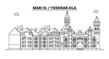 Rusya, Mari El, Yoshkar-Ola. Şehir manzarası: mimari, binalar, sokaklar, siluet, peyzaj, panorama, yerler. Düzenlenebilir vuruş. Düz tasarım, çizgi vektör illüstrasyon kavramı.