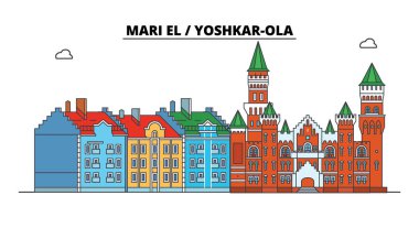 Rusya, Mari El, Yoshkar-Ola. Şehir manzarası: mimari, binalar, caddeler, siluet, peyzaj, panorama. Düz çizgi vektör çizim. Rusya, Mari El, Yoshkar-Ola anahat tasarım.