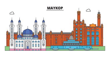 Rusya, Maykop. Şehir manzarası: mimari, binalar, caddeler, siluet, peyzaj, panorama. Düz çizgi, illüstrasyon vektör. Rusya, Maykop anahat tasarım.