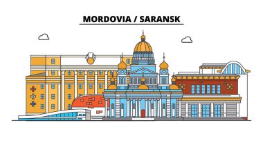 Rusya, Mordovia Saransk. Şehir manzarası: mimari, binalar, caddeler, siluet, peyzaj, panorama. Düz çizgi, illüstrasyon vektör. Rusya, Mordovia Saransk tasarım anahat.