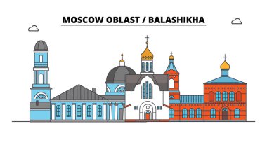 Rusya, Moskova Oblast, Balashikha. Şehir manzarası: mimari, binalar, caddeler, siluet, peyzaj, panorama. Düz çizgi, illüstrasyon vektör. Rusya, Moskova Oblast, Balashikha anahat tasarım.