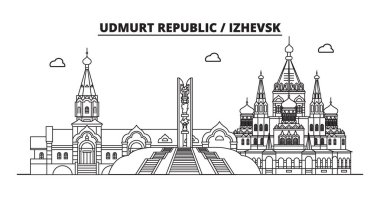 Rusya, Udmurtya Cumhuriyeti, Izhevsk. Şehir manzarası: mimari, binalar, sokaklar, siluet, peyzaj, panorama, yerler. Düz tasarım, çizgi vektör illüstrasyon kavramı. İzole simgeler