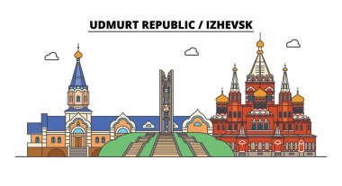 Rusya, Udmurtya Cumhuriyeti, Izhevsk. Şehir manzarası: mimari, binalar, caddeler, siluet, peyzaj, panorama. Düz çizgi, illüstrasyon vektör. Rusya, Udmurtya Cumhuriyeti, Izhevsk anahat tasarım.