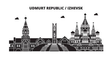 Rusya, Udmurtya Cumhuriyeti, Izhevsk. Şehir manzarası: mimari, binalar, caddeler, siluet, peyzaj, panorama. Düz çizgi, illüstrasyon vektör. Rusya, Udmurtya Cumhuriyeti, Izhevsk anahat tasarım.