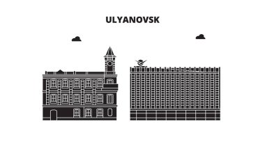 Rusya, Ulyanovsk. Şehir manzarası: mimari, binalar, caddeler, siluet, peyzaj, panorama. Düz çizgi, illüstrasyon vektör. Rusya, Ulyanovsk anahat tasarım.