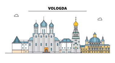 Rusya, Vologda. Şehir manzarası: mimari, binalar, caddeler, siluet, peyzaj, panorama. Düz çizgi, illüstrasyon vektör. Rusya, Vologda anahat tasarım.