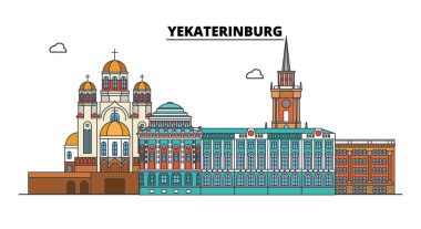 Rusya, Yekaterinburg. Şehir manzarası: mimari, binalar, caddeler, siluet, peyzaj, panorama. Düz çizgi vektör çizim. Rusya, Yekaterinburg anahat tasarım.