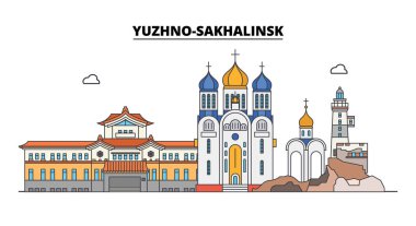 Yuzhno-Sakhalinsk, Rusya. Şehir manzarası: mimari, binalar, caddeler, siluet, peyzaj, panorama. Düz çizgi, illüstrasyon vektör. Rusya, Yuzhno-Sakhalinsk anahat tasarım.