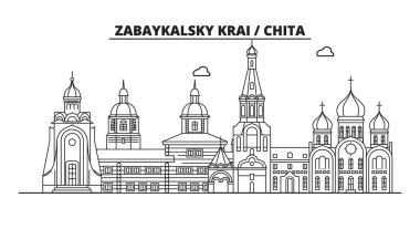 Rusya, Zabaykalskiy Krayı, Chita. Şehir manzarası: mimari, binalar, sokaklar, siluet, peyzaj, panorama, yerler. Düz tasarım, çizgi vektör illüstrasyon kavramı. İzole simgeler
