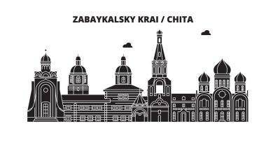 Rusya, Zabaykalskiy Krayı, Chita. Şehir manzarası: mimari, binalar, caddeler, siluet, peyzaj, panorama. Düz çizgi, illüstrasyon vektör. Rusya, Zabaykalskiy Krayı, Chita anahat tasarım.