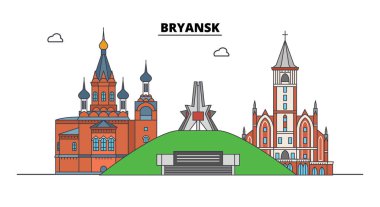 Rusya, Bryansk. Şehir manzarası: mimari, binalar, caddeler, siluet, peyzaj, panorama. Düz çizgi, illüstrasyon vektör. Rusya, Bryansk anahat tasarım.