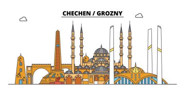 Rusya, Çeçen, Grozny. Şehir manzarası: mimari, binalar, caddeler, siluet, peyzaj, panorama. Düz çizgi, illüstrasyon vektör. Rusya, Çeçen, Grozny anahat tasarım.