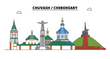 Rusya, Chuvash, Cheboksary. Şehir manzarası: mimari, binalar, caddeler, siluet, peyzaj, panorama. Düz çizgi, illüstrasyon vektör. Rusya, Chuvash, Cheboksary anahat tasarım.