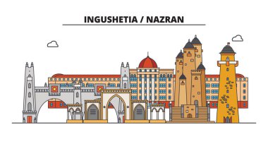 Rusya, İnguşetya, Magas. Şehir manzarası: mimari, binalar, caddeler, siluet, peyzaj, panorama. Düz çizgi, illüstrasyon vektör. Rusya, İnguşetya, Magas tasarım anahat.