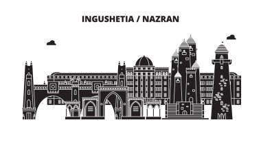 Rusya, İnguşetya, Magas. Şehir manzarası: mimari, binalar, caddeler, siluet, peyzaj, panorama. Düz çizgi, illüstrasyon vektör. Rusya, İnguşetya, Magas tasarım anahat.