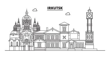 Rusya, Irkutsk. Şehir manzarası: mimari, binalar, sokaklar, siluet, peyzaj, panorama, yerler. Düzenlenebilir vuruş. Düz tasarım, çizgi vektör illüstrasyon kavramı. İzole simgeler