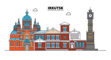 Rusya, Irkutsk. Şehir manzarası: mimari, binalar, caddeler, siluet, peyzaj, panorama. Düz çizgi, illüstrasyon vektör. Rusya, Irkutsk anahat tasarım.