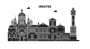 Rusya, Irkutsk. Şehir manzarası: mimari, binalar, caddeler, siluet, peyzaj, panorama. Düz çizgi, illüstrasyon vektör. Rusya, Irkutsk anahat tasarım.