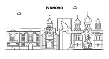 Rusya, Ivanovo. Şehir manzarası: mimari, binalar, sokaklar, siluet, peyzaj, panorama, yerler. Düzenlenebilir vuruş. Düz tasarım, çizgi vektör illüstrasyon kavramı. İzole simgeler