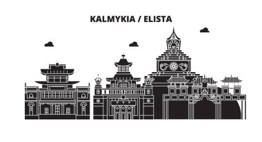 Rusya, Kalmıkya, Elista. Şehir manzarası: mimari, binalar, caddeler, siluet, peyzaj, panorama. Düz çizgi, illüstrasyon vektör. Rusya, Kalmıkya, Elista anahat tasarım.