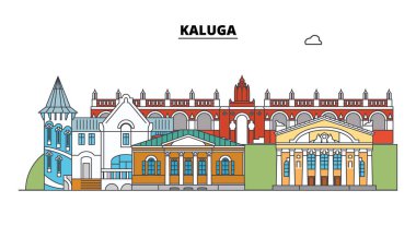 Rusya, Kaluga. Şehir manzarası: mimari, binalar, caddeler, siluet, peyzaj, panorama. Düz çizgi, illüstrasyon vektör. Rusya, Kaluga anahat tasarım.