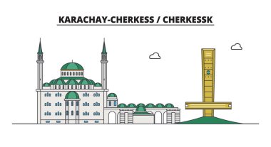 Rusya, Cherkessk. Şehir manzarası: mimari, binalar, caddeler, siluet, peyzaj, panorama. Düz çizgi, illüstrasyon vektör. Rusya, Cherkessk anahat tasarım.