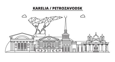 Rusya, Karelya, Petrozavodsk. Şehir manzarası: mimari, binalar, sokaklar, siluet, peyzaj, panorama, yerler. Düz tasarım, çizgi vektör illüstrasyon kavramı. İzole simgeler