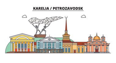 Rusya, Karelya, Petrozavodsk. Şehir manzarası: mimari, binalar, caddeler, siluet, peyzaj, panorama. Düz çizgi, illüstrasyon vektör. Rusya, Karelya, Petrozavodsk anahat tasarım.