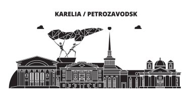 Rusya, Karelya, Petrozavodsk. Şehir manzarası: mimari, binalar, caddeler, siluet, peyzaj, panorama. Düz çizgi, illüstrasyon vektör. Rusya, Karelya, Petrozavodsk anahat tasarım.