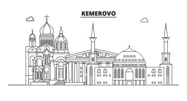Rusya, Kemerovo. Şehir manzarası: mimari, binalar, sokaklar, siluet, peyzaj, panorama, yerler. Düzenlenebilir vuruş. Düz tasarım, çizgi vektör illüstrasyon kavramı. İzole simgeler