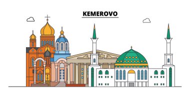 Rusya, Kemerovo. Şehir manzarası: mimari, binalar, caddeler, siluet, peyzaj, panorama. Düz çizgi, illüstrasyon vektör. Rusya, Kemerovo anahat tasarım.