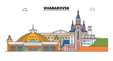 Rusya, Khabarovsk. Şehir manzarası: mimari, binalar, caddeler, siluet, peyzaj, panorama. Düz çizgi, illüstrasyon vektör. Rusya, Khabarovsk anahat tasarım.