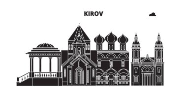 Rusya, Kirov. Şehir manzarası: mimari, binalar, caddeler, siluet, peyzaj, panorama. Düz çizgi, illüstrasyon vektör. Rusya, Kirov anahat tasarım.