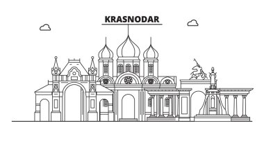 Rusya, Krasnodar. Şehir manzarası: mimari, binalar, sokaklar, siluet, peyzaj, panorama, yerler. Düzenlenebilir vuruş. Düz tasarım, çizgi vektör illüstrasyon kavramı. İzole simgeler