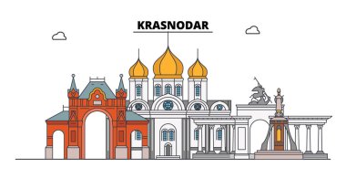 Rusya, Krasnodar. Şehir manzarası: mimari, binalar, caddeler, siluet, peyzaj, panorama. Düz çizgi, illüstrasyon vektör. Rusya, Krasnodar anahat tasarım.