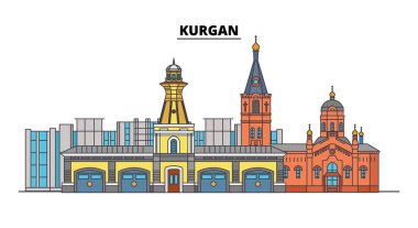 Rusya, Kurgan. Şehir manzarası: mimari, binalar, caddeler, siluet, peyzaj, panorama. Düz çizgi, illüstrasyon vektör. Rusya, Kurgan anahat tasarım.