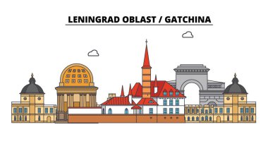 Rusya Federasyonu, Leningrad, Gatchina. Şehir manzarası: mimari, binalar, caddeler, siluet, peyzaj, panorama. Düz çizgi, illüstrasyon vektör. Rusya, Gatchina anahat tasarım.