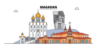 Rusya, Magadan. Şehir manzarası: mimari, binalar, caddeler, siluet, peyzaj, panorama. Düz çizgi, illüstrasyon vektör. Rusya, Magadan anahat tasarım.