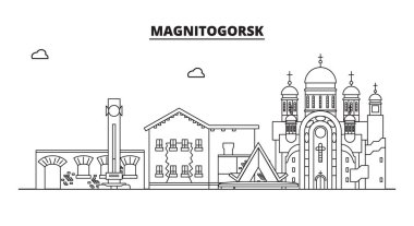 Rusya, Magnitogorsk. Şehir manzarası: mimari, binalar, sokaklar, siluet, peyzaj, panorama, yerler. Düzenlenebilir vuruş. Düz tasarım, çizgi vektör illüstrasyon kavramı. İzole simgeler