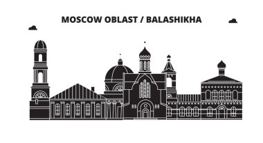 Rusya, Moskova Oblast, Balashikha. Şehir manzarası: mimari, binalar, caddeler, siluet, peyzaj, panorama. Düz çizgi, illüstrasyon vektör. Rusya, Moskova Oblast, Balashikha anahat tasarım.