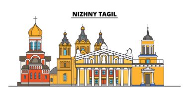 Rusya, Nizhny Tagil. Şehir manzarası: mimari, binalar, caddeler, siluet, peyzaj, panorama. Düz çizgi vektör çizim. Rusya, Nizhny Tagil anahat tasarım.