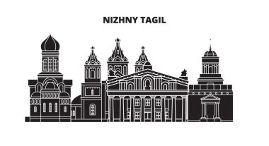 Rusya, Nizhny Tagil. Şehir manzarası: mimari, binalar, caddeler, siluet, peyzaj, panorama. Düz çizgi, illüstrasyon vektör. Rusya, Nizhny Tagil anahat tasarım.